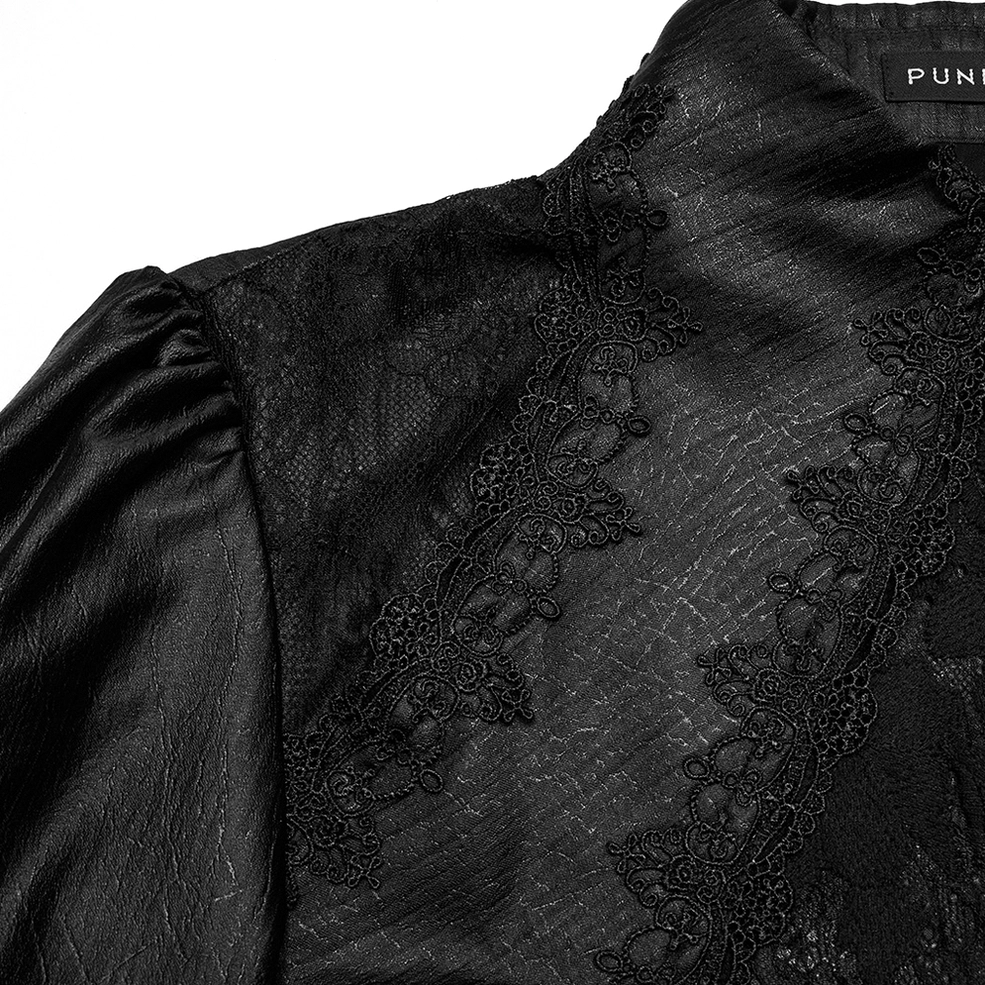 Front placket close-up detail of gothic shirt - black lace overlay and decorative vintage buttons