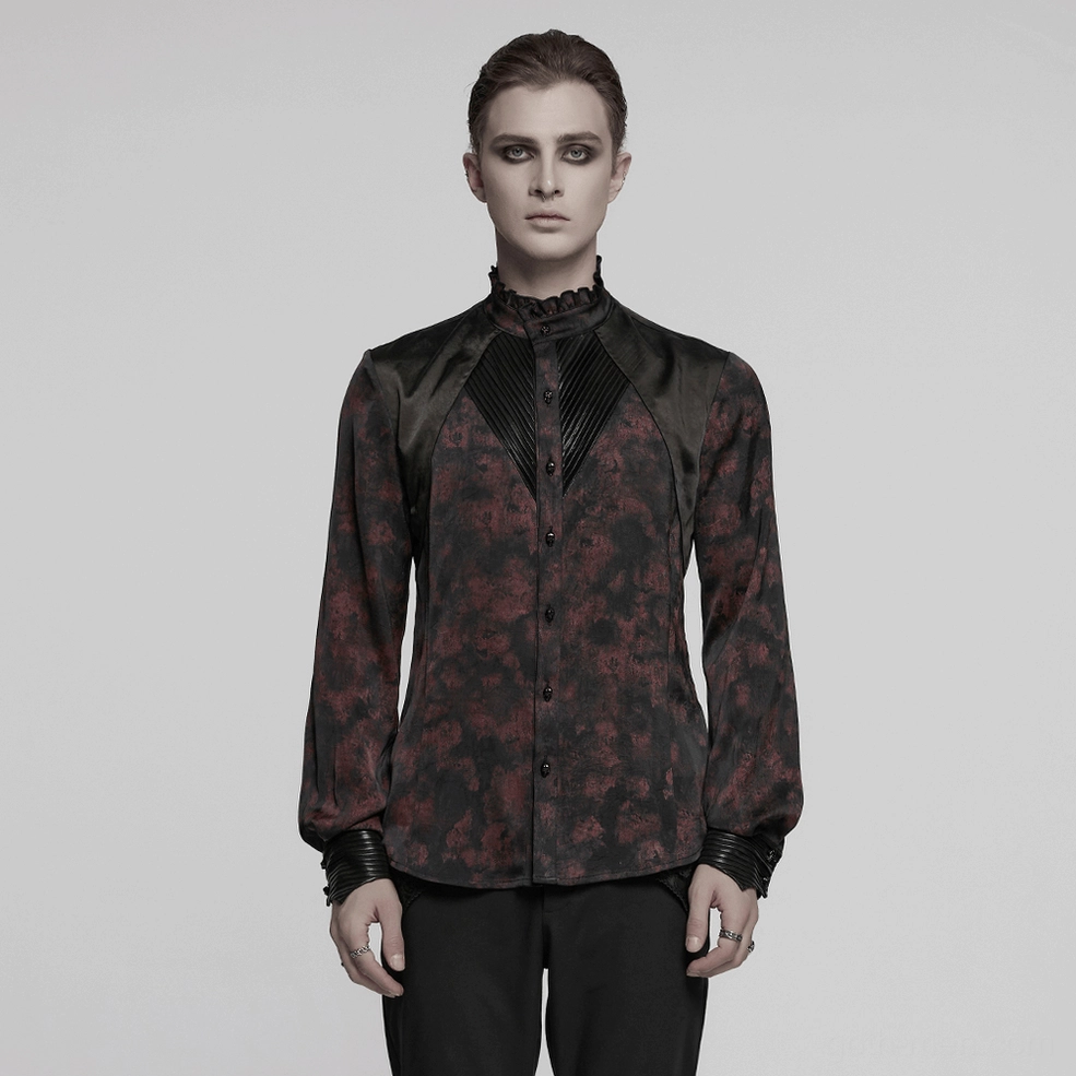 Gothic men's shirt styled view demonstrating architectural pleated collar design and leather accent placement on alternative fashion wearer