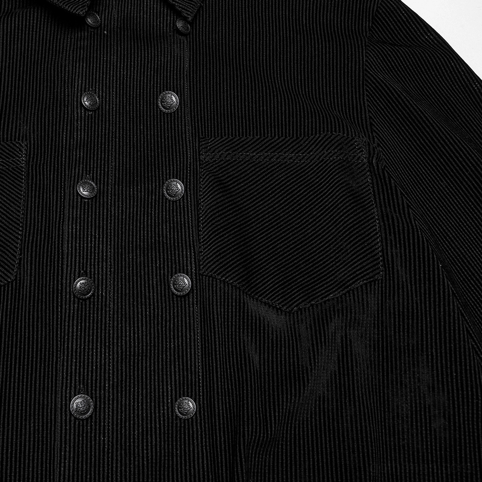 Close-up of double-breasted metal buttons and chest patch pocket on striped mesh gothic shirt