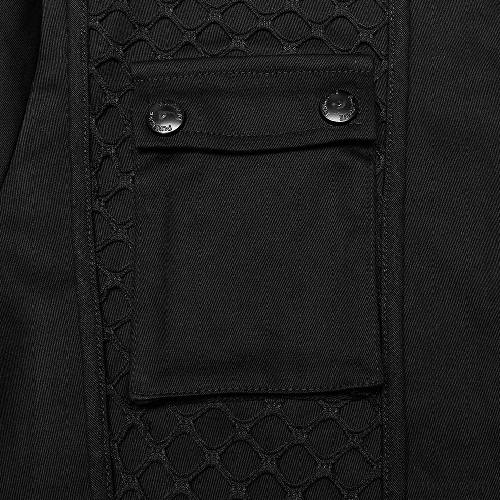 Close-up detail of gothic shirt 3D cargo pocket with dual snap button closure and quilted mesh base