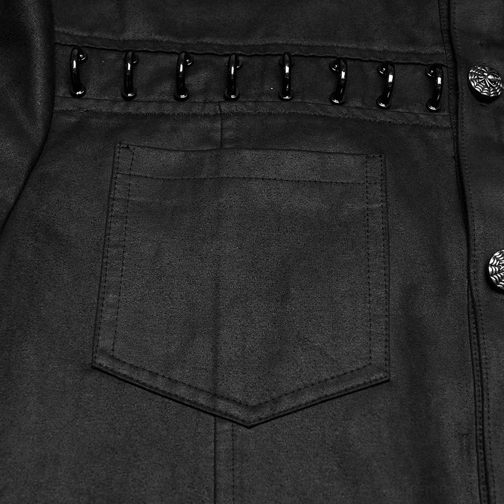 Close-up detail of chest patch pocket with decorative metal buttons