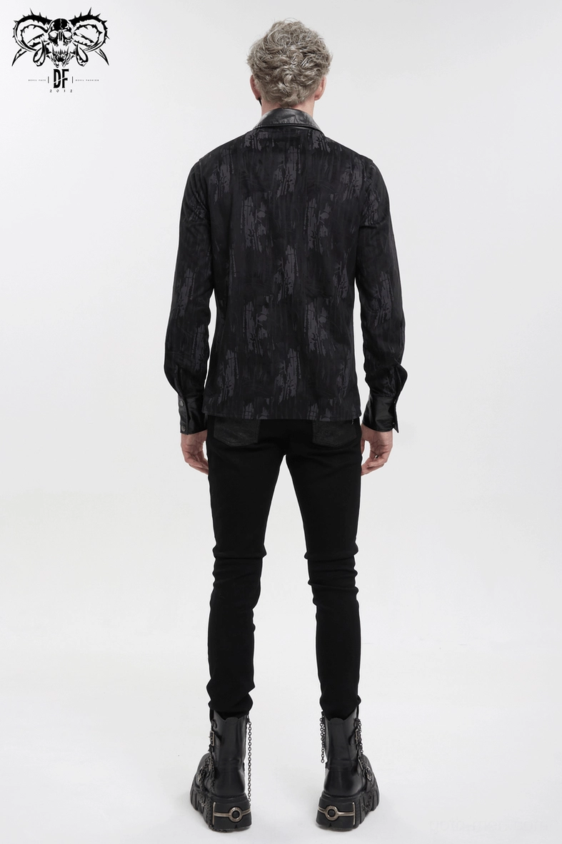 Black gothic long sleeve shirt detail of PU leather panels and industrial snap hardware elements