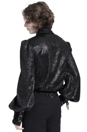 Black gothic victorian lace-up shirt side back view showing shiny fabric texture