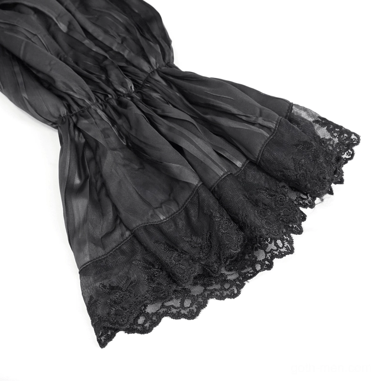 Close-up detail of gathered puff sleeve with lace ruffled hem from men's gothic ruffled shirt