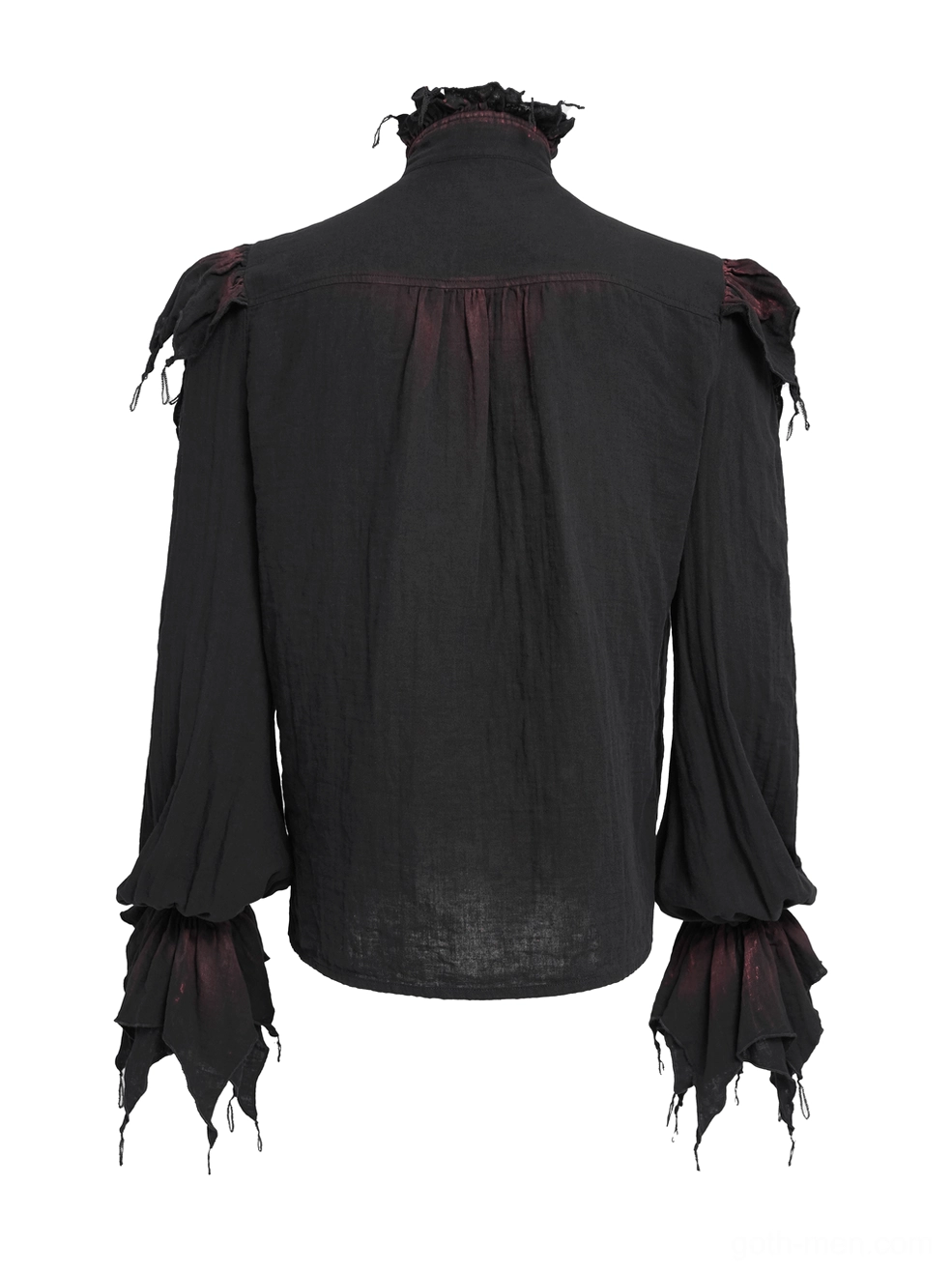 Tattered gothic shirt rear flat lay, showing solid black fabric and distressed sleeve construction