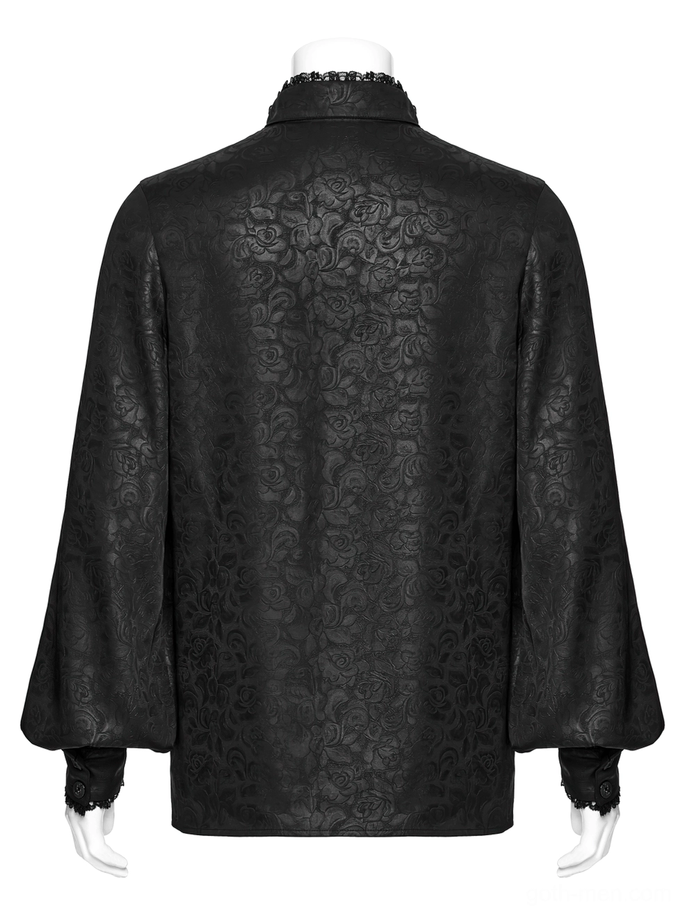 Rear full view of black gothic shirt on mannequin displaying complete jacquard back and stand-up collar