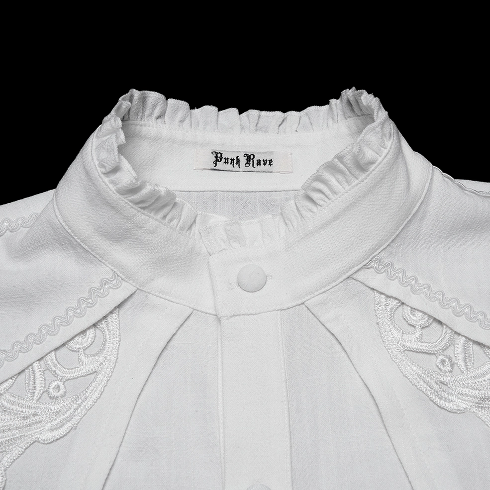 Close-up detail of gothic white shirt ruffled stand collar with brand tag and front button closure
