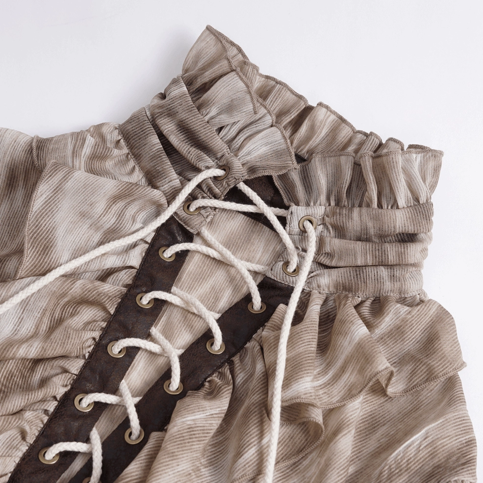 Close-up detail of gothic ruffled high collar with white lace cords and brown leather trim metal eyelets