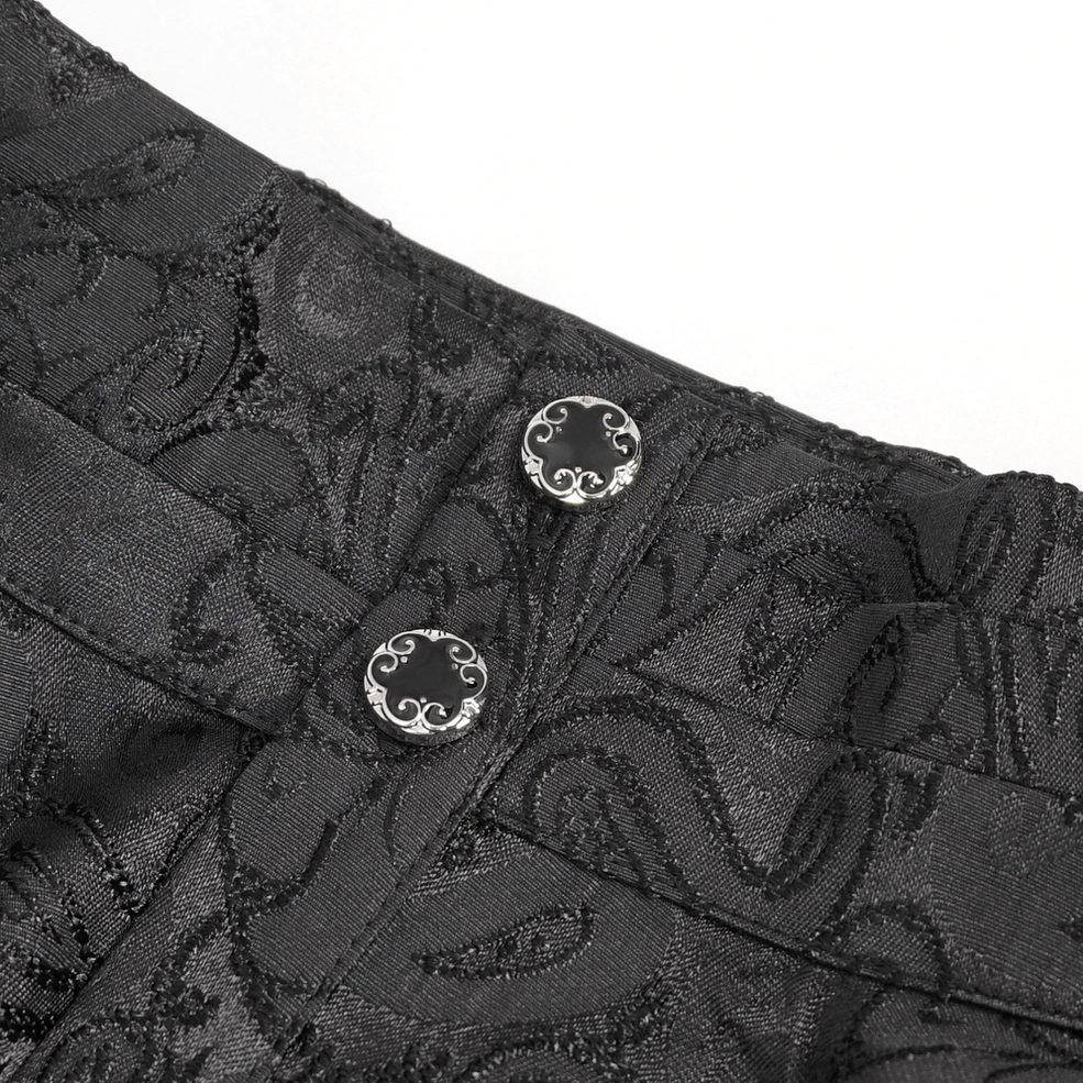 Detail shot of gothic shirt's ruffled jabot collar showcasing Victorian-inspired theatrical design elements