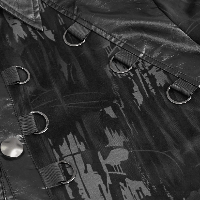 Black gothic long sleeve shirt shoulder and collar detail with fabric straps D-rings and metal snaps