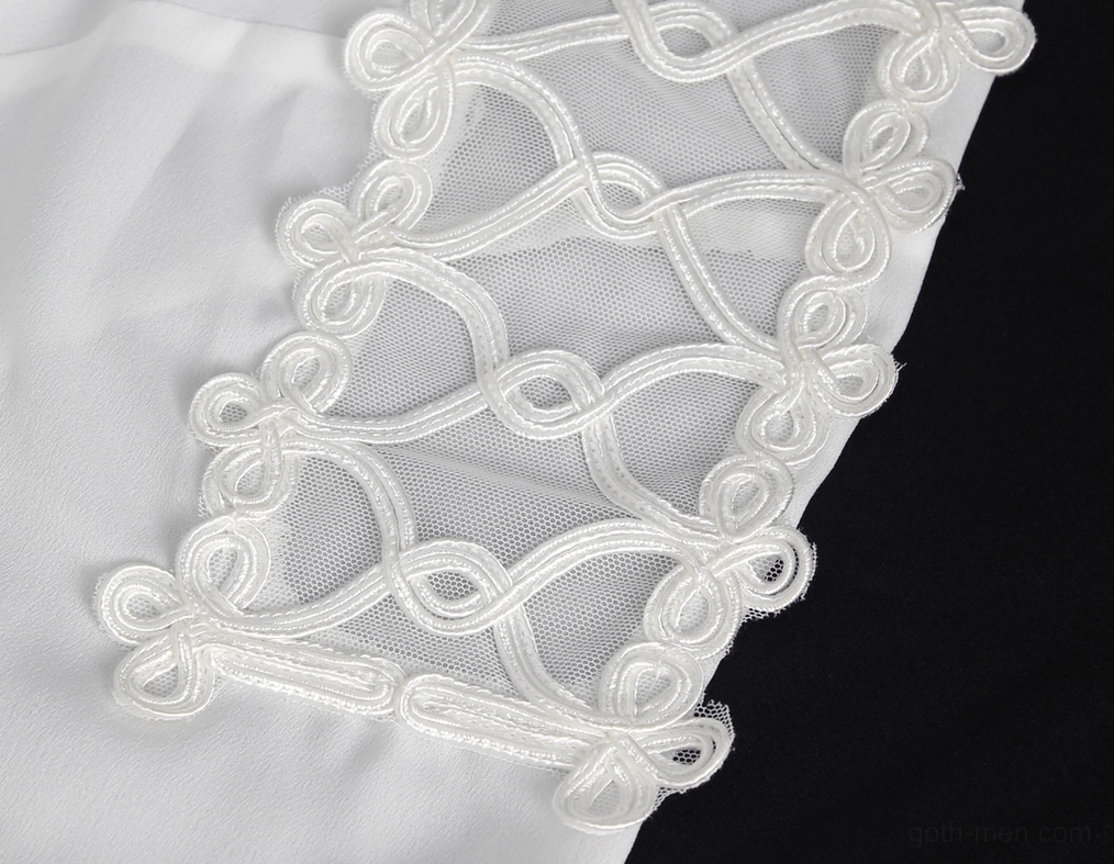 Men's Gothic Shirt Shoulder Embroidery - Close-Up of Decorative Mesh Applique with Knot Embroidery and Lace Pattern