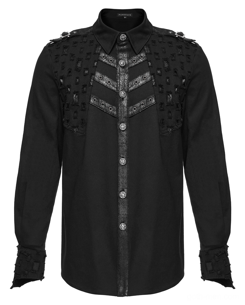 Black gothic long sleeve shirt flat lay close-up showing shoulder epaulets, geometric studded trim, and metal skull buttons