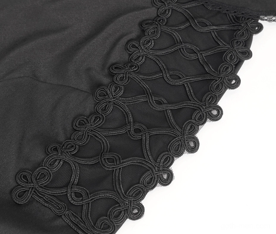 Intricate braided lace cutout shoulder detail on black gothic ruffle shirt with mesh base fabric