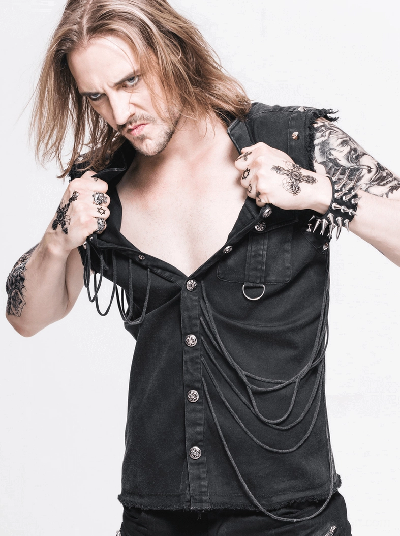 Gothic rivet sleeveless shirt detailed side view showing all hardware placement and construction quality
