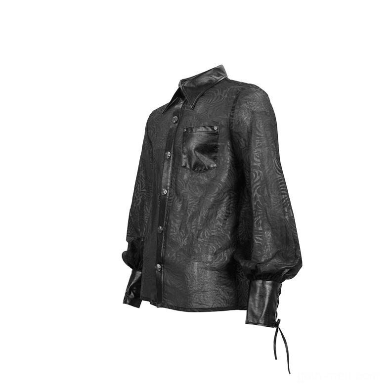 Side view of black gothic sheer shirt showing button front closure and adjustable lace-up cuffs with metal eyelets, transparent jacquard weave