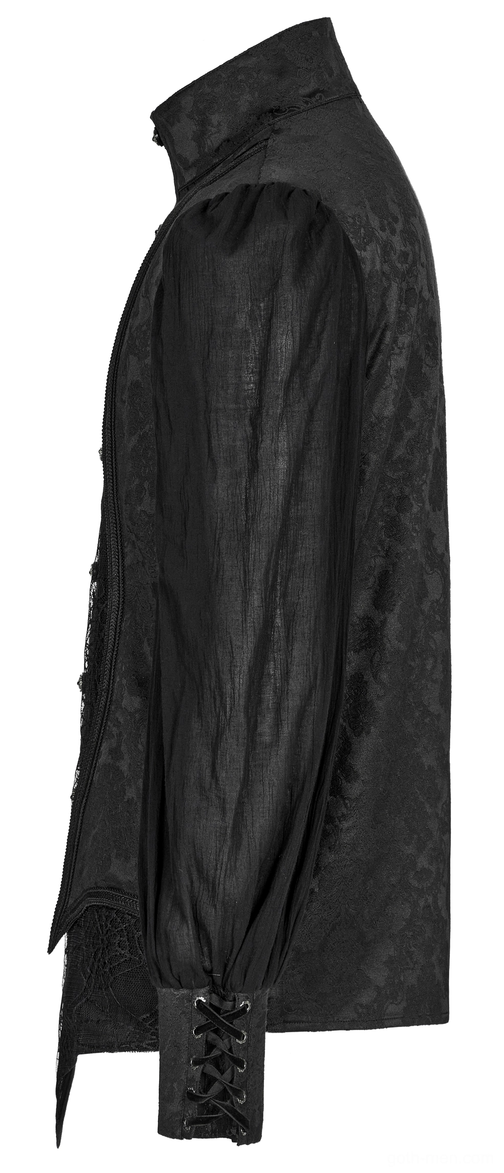 Side view flat lay of gothic shirt featuring lace-up cuff system and pleated puff sleeve construction