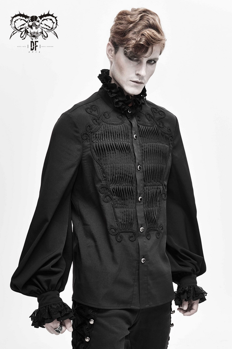 Black gothic shirt side profile view highlighting lantern sleeve volume and fitted waist on mannequin