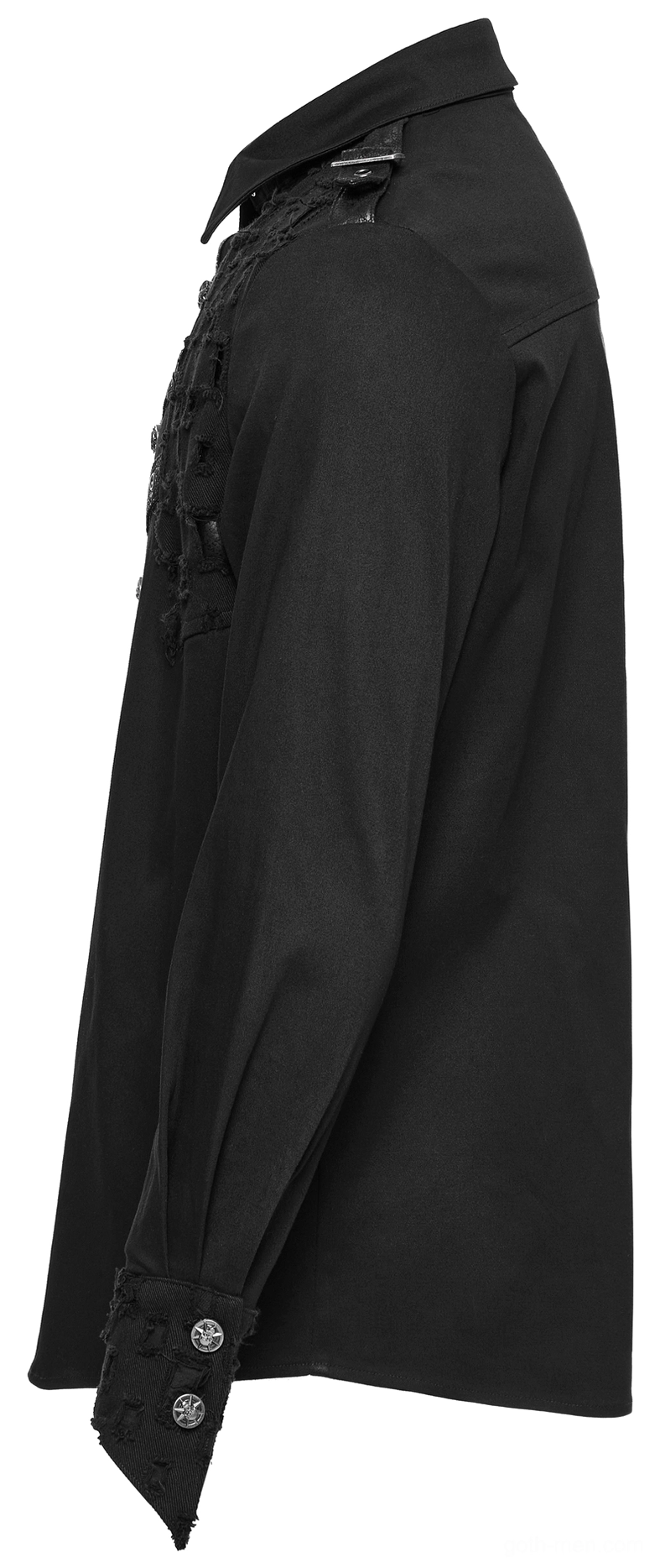Black gothic studded shirt side profile view showing structured shoulder panels and distressed cuff detailing