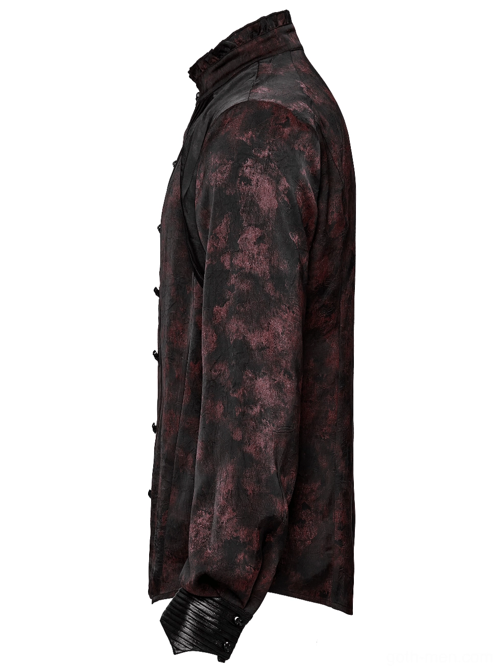 Side profile view of black gothic shirt with wine-red floral pattern showing tailored sleeve, seam construction, and draped fit