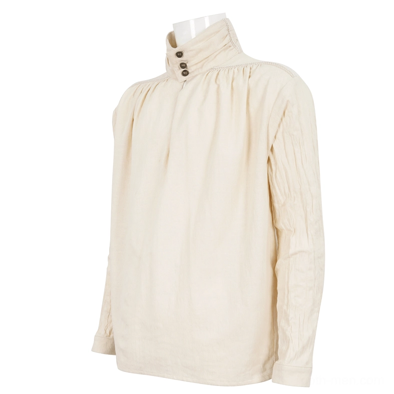 Gothic stand collar shirt side view on dress form, showing gathered shoulder yoke and wrinkled cotton texture