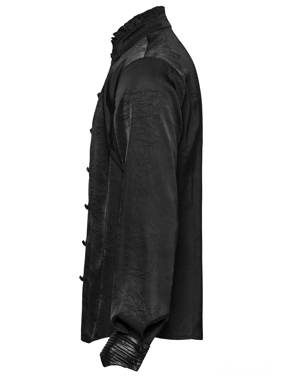 Gothic shirt side view showing fitted silhouette and pleated button cuffs detail