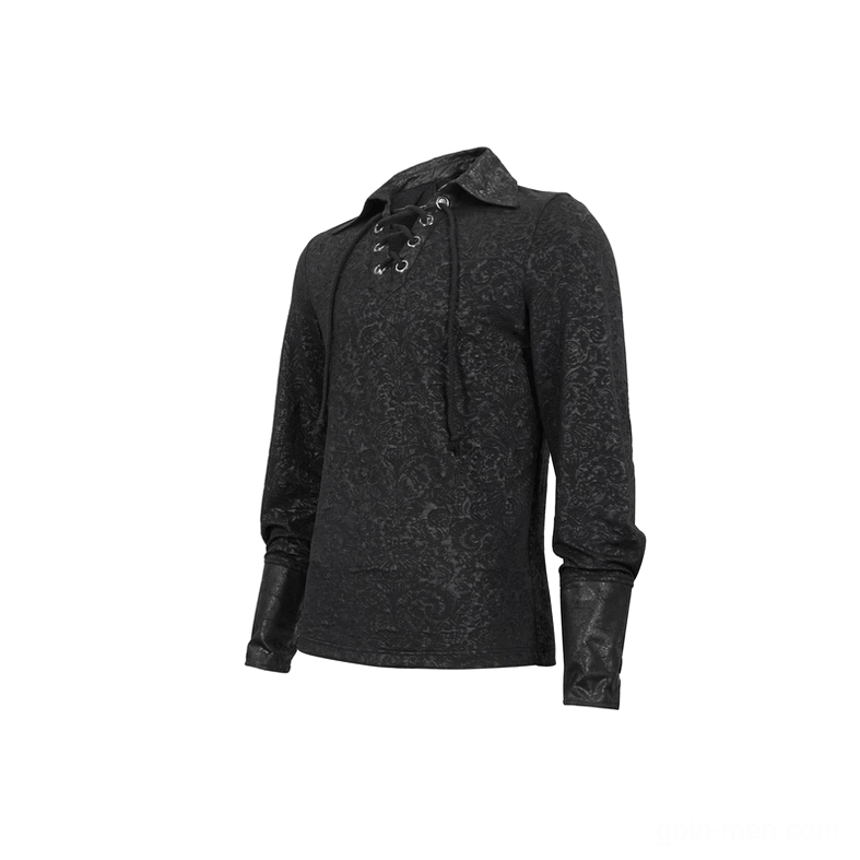 Black gothic jacquard shirt left side view flat layout showing long sleeves and faux leather cuff details