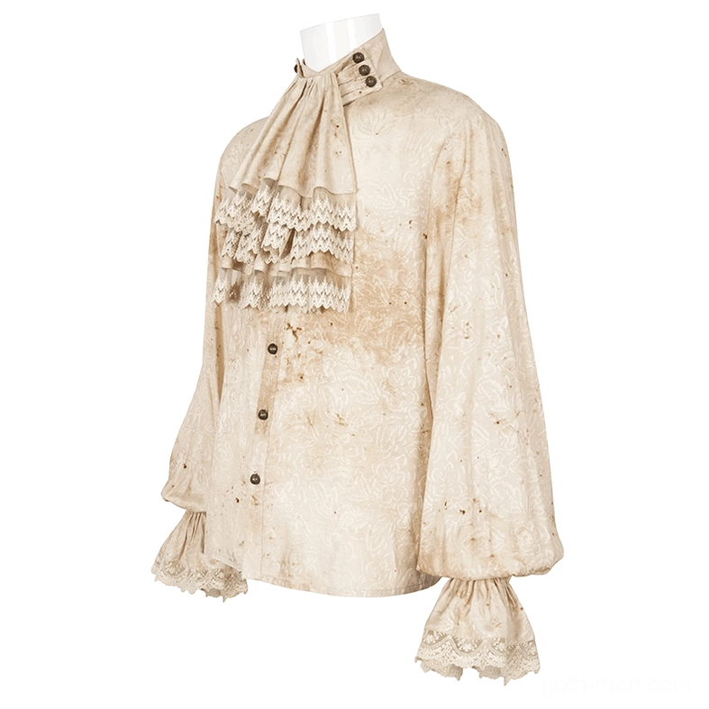 Side three-quarter view of gothic distressed shirt with layered lace necktie and lantern sleeve detail on mannequin