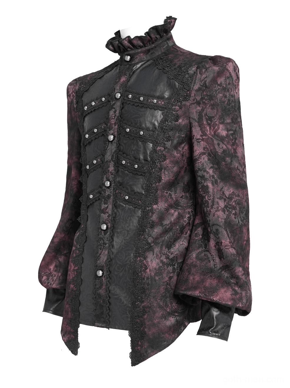 Side front flat lay of dark romantic shirt showing metal buttons, tailored hem, and lace details