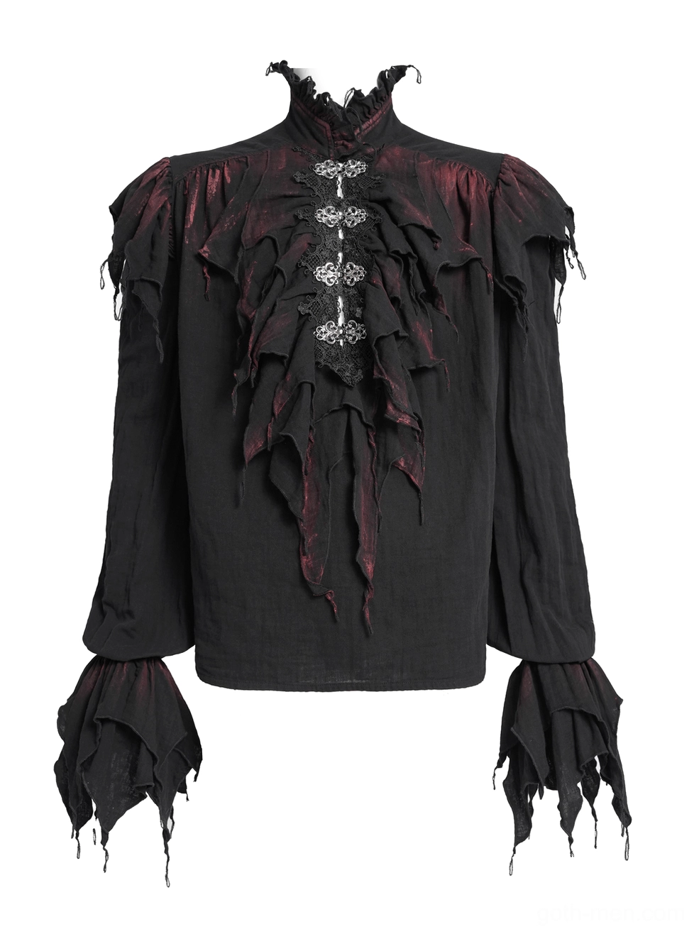 Gothic ruffled shirt front flat lay detail, showing multiple silver clasps and wine-red gradient accents