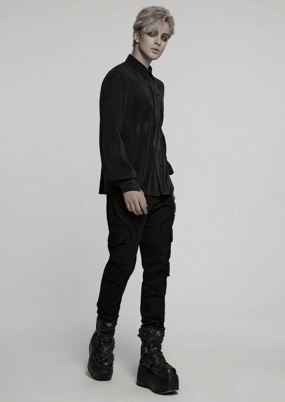 Size guide and fit reference chart for black striped mesh gothic shirt in multiple sizes