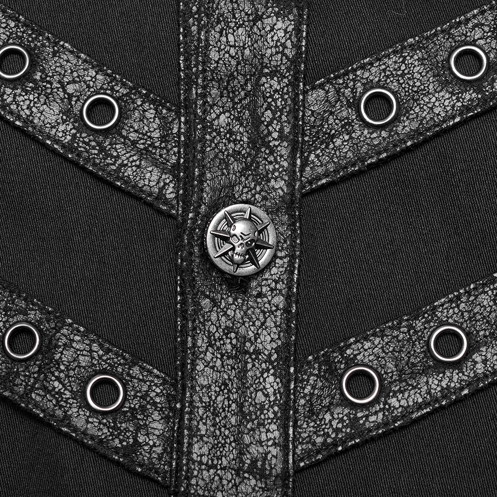 Black gothic long sleeve shirt front trim detail with skull motif metal buttons, grommeted leather straps, and geometric chest design
