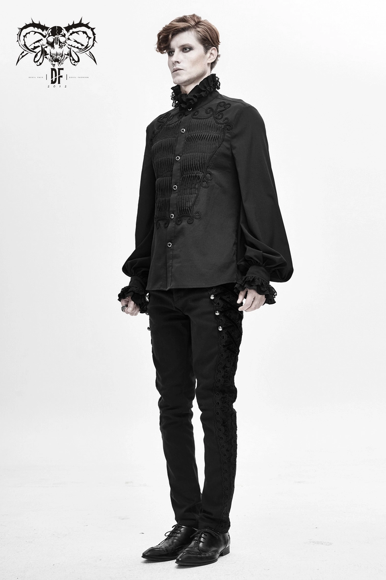 Black gothic shirt sleeve and cuff detail with lace ruffles and decorative button on mannequin