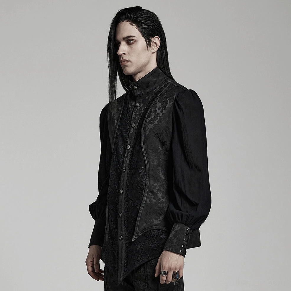 Side view detail of gothic jacquard shirt showing pleated puff sleeve volume and tapered silhouette
