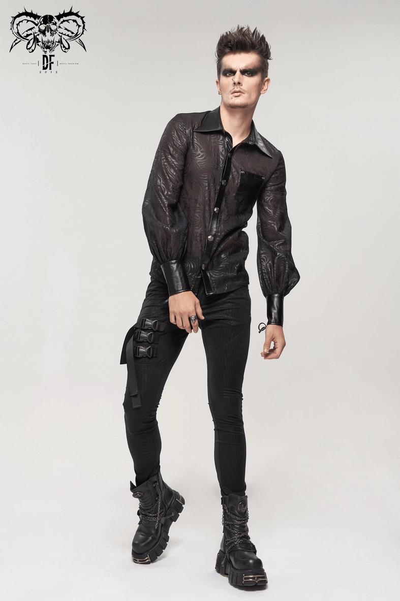 Black jacquard gothic shirt sleeve and shoulder detail showing lantern sleeve construction and transparent mesh weave pattern