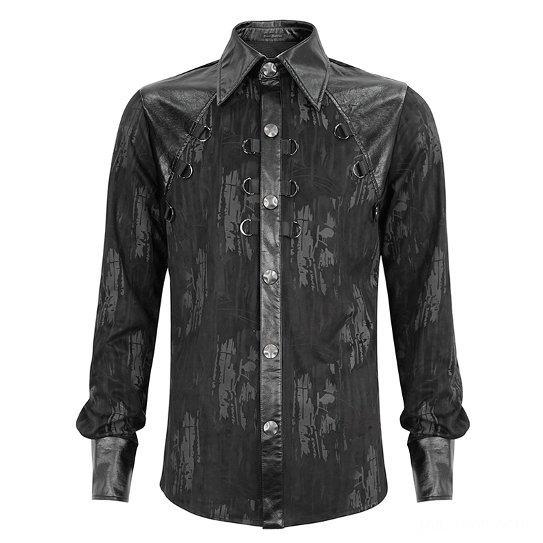 Black gothic shirt close-up detail showing snap button placket and D-ring shoulder hardware accents