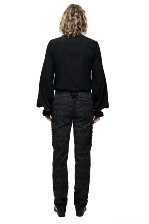 Black gothic dress shirt with stand collar and embroidered chest detail, full back view on male model