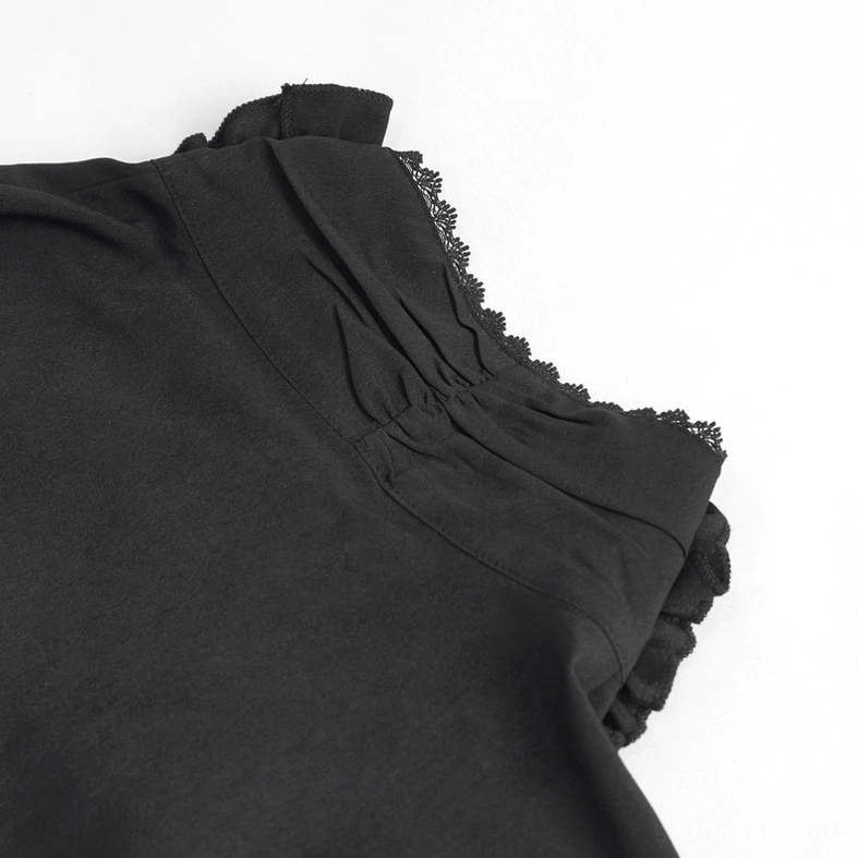 Close-up side view of high stand collar on black gothic shirt, lace trim edge detail