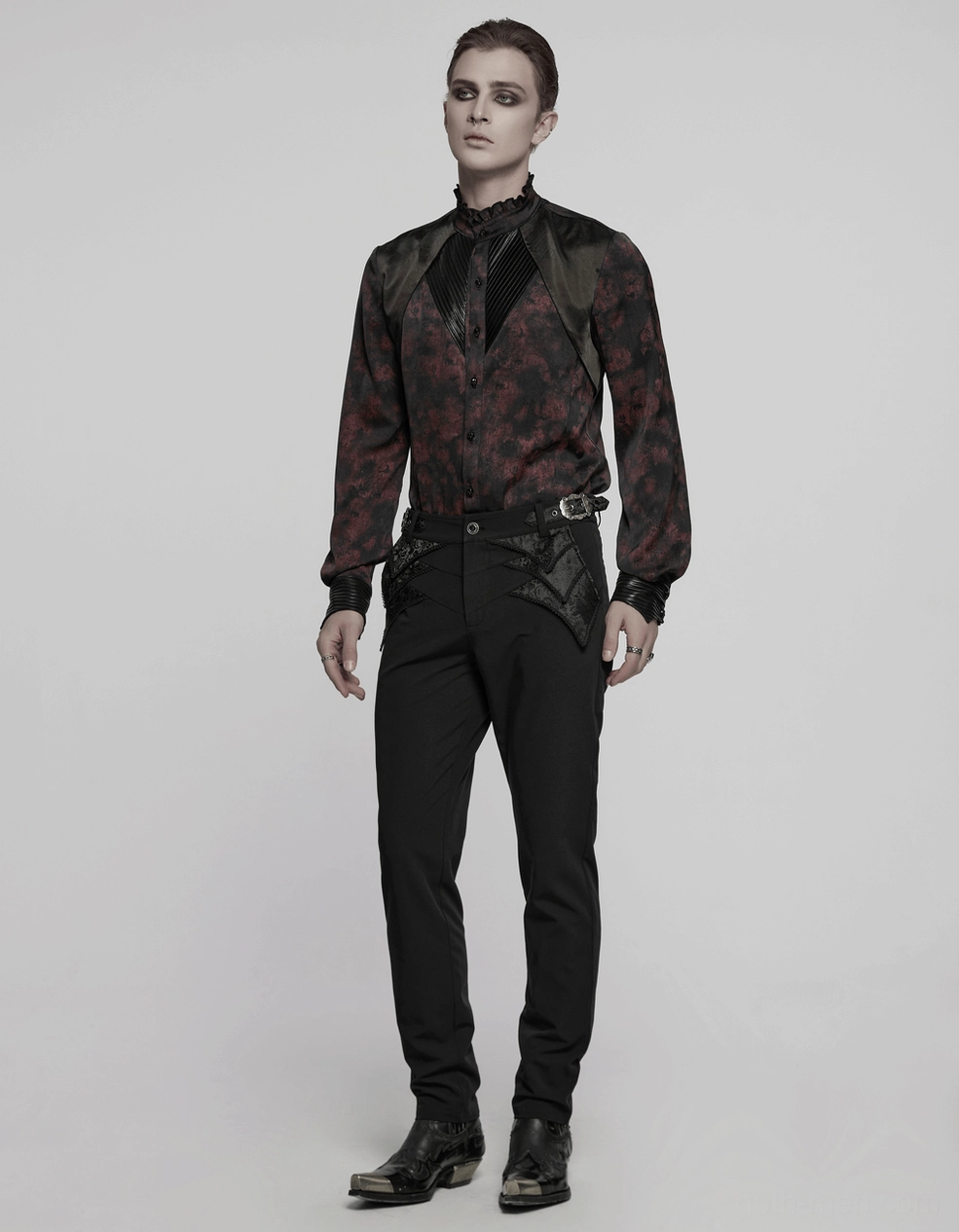 Black gothic shirt with wine-red accents and pleated collar showing structured silhouette from contemporary alternative fashion perspective