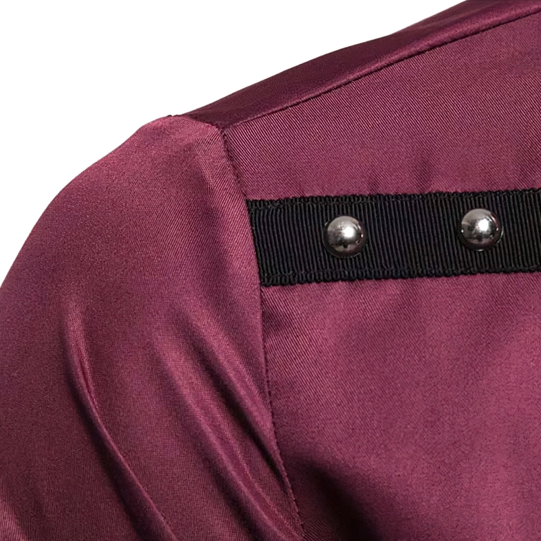 Close-up macro shot burgundy gothic shirt shoulder rivet stud detail metal hardware