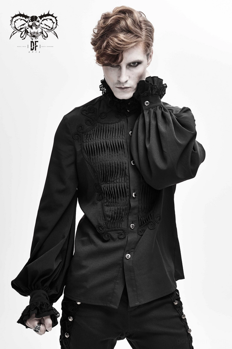 Gothic black shirt styled look on model showcasing overall silhouette and dramatic lace details