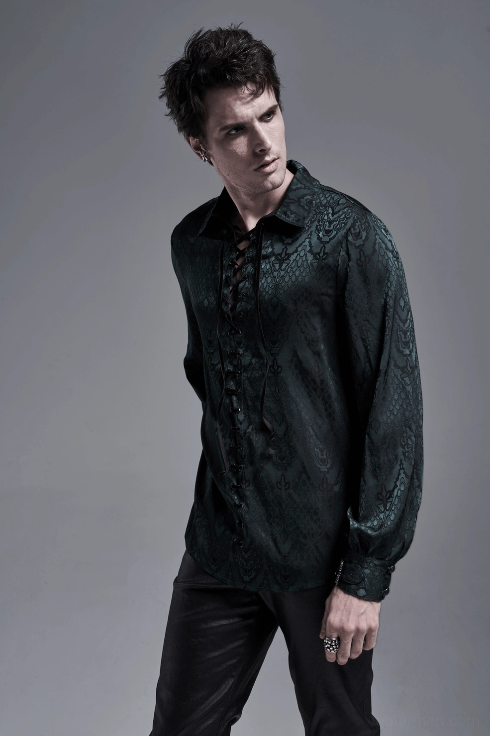 Gothic Shirt styling photo demonstrating alternative fashion wear with lace-up placket and metal accents