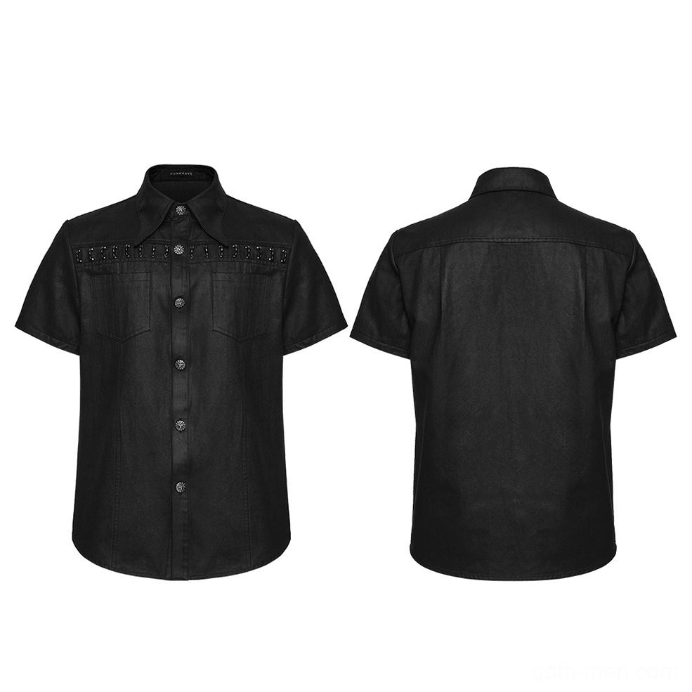 Black suede gothic shirt flat lay front and rear showing button closure and metal accents