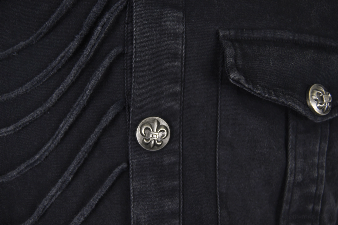 Gothic sleeveless shirt texture detail showing frayed edges cotton blend fabric and rivet spacing