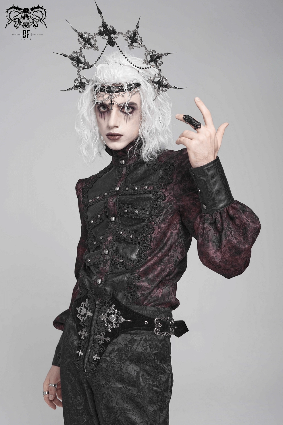 Three-quarter view of dark romantic gothic shirt highlighting architectural collar and sleeves