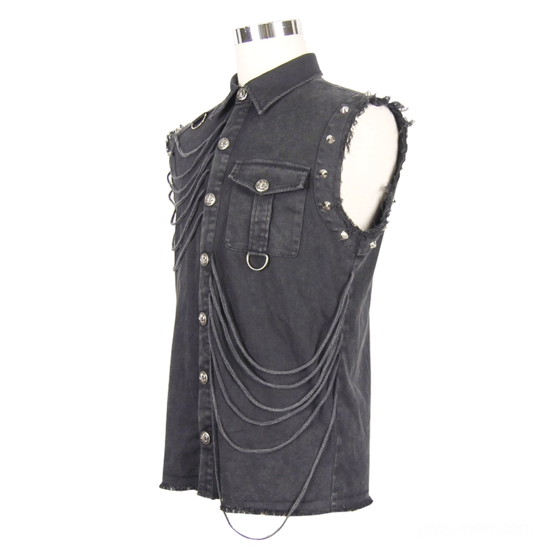 Men's gothic rivet sleeveless shirt three-quarter front view on mannequin showing button placket and frayed armholes