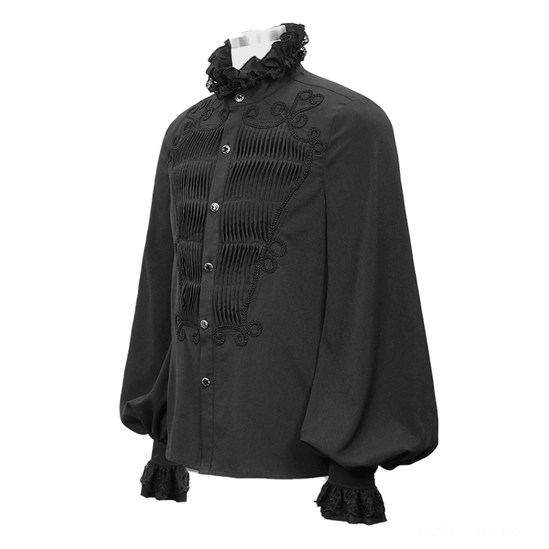 Gothic black shirt three-quarter front view on mannequin showing ruffled lace collar and embroidered details