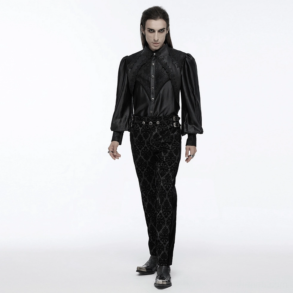 Three-quarter view of gothic men's lace shirt displaying bubble sleeves and ornate buttons