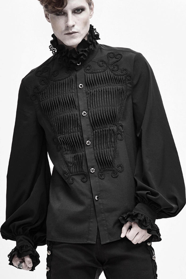 Gothic black shirt upper torso detail showing ruffled collar, button placket, and chest panel
