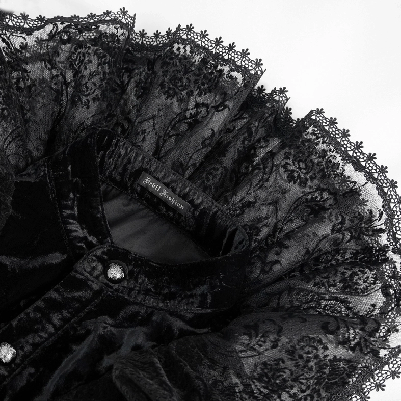Detail shot of gothic shirt velvet collar with scalloped lace trim and inner brand tag