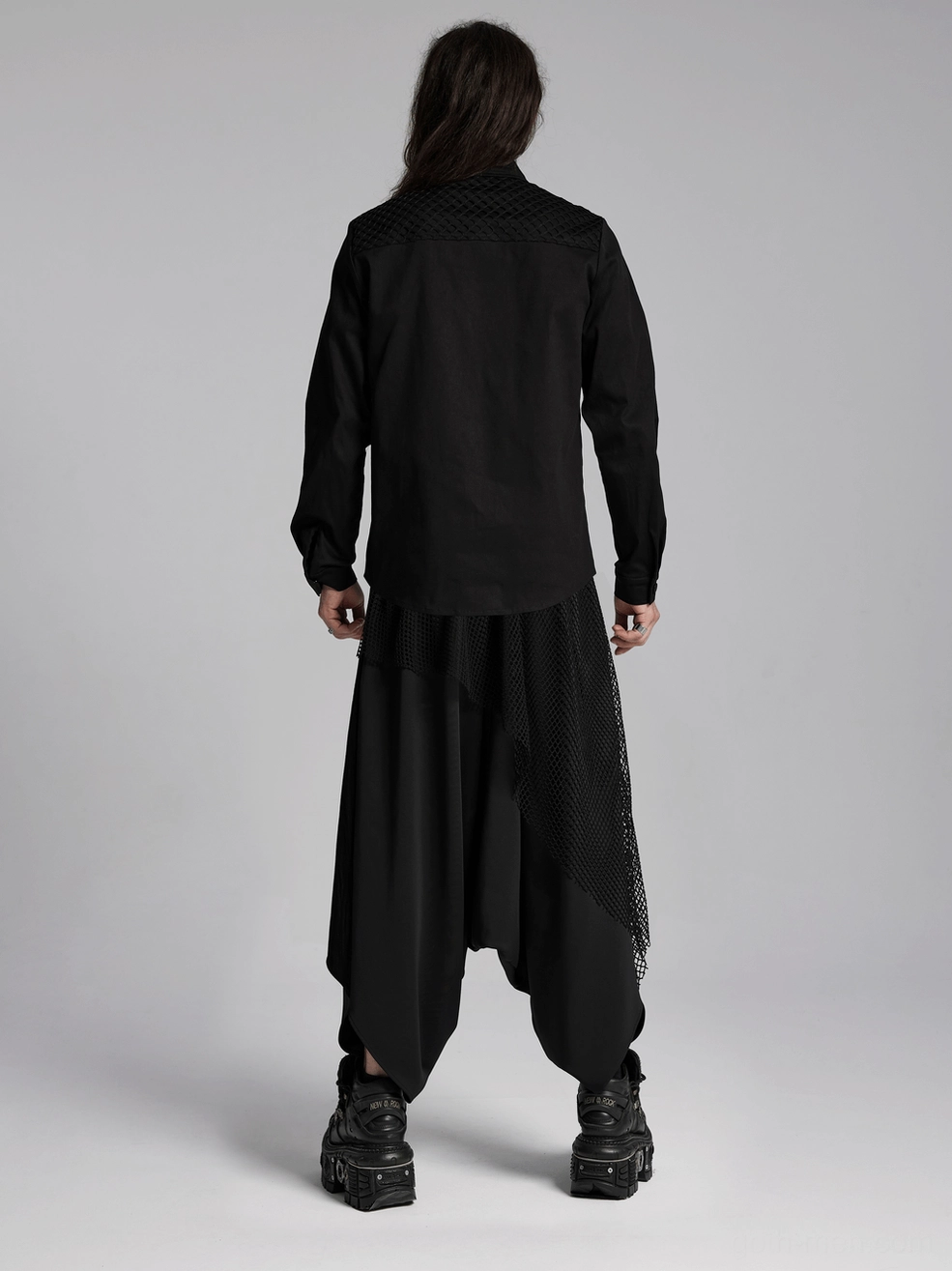Cyberpunk gothic mesh shirt zipper accent detail and front panel construction